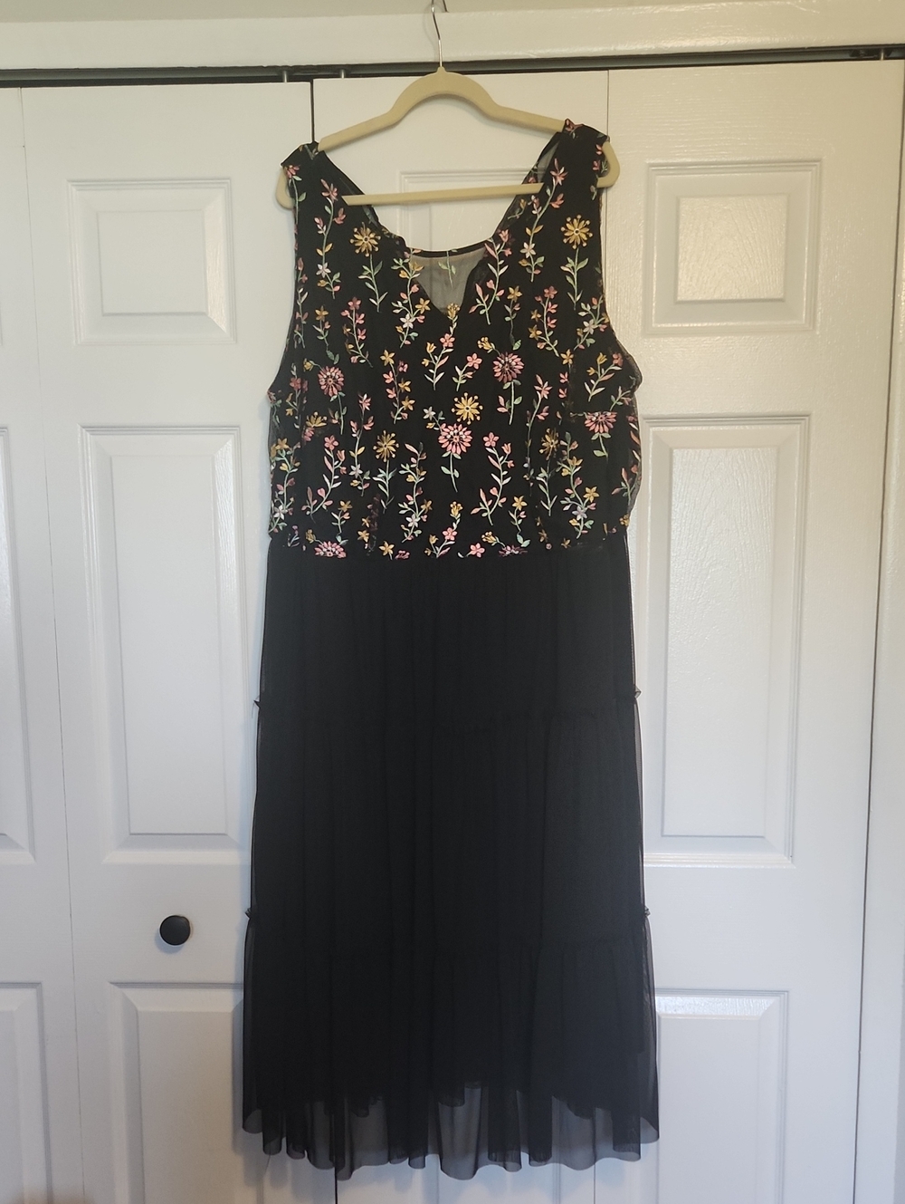 Lane Bryant Black Midi Dress with Pink & Yellow Floral Embroidery Size 26